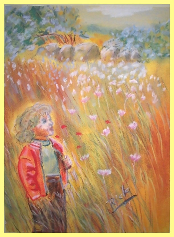 Kind im Kornfeld - Landschaftsbild von Petra Rick 2004 - Pastell